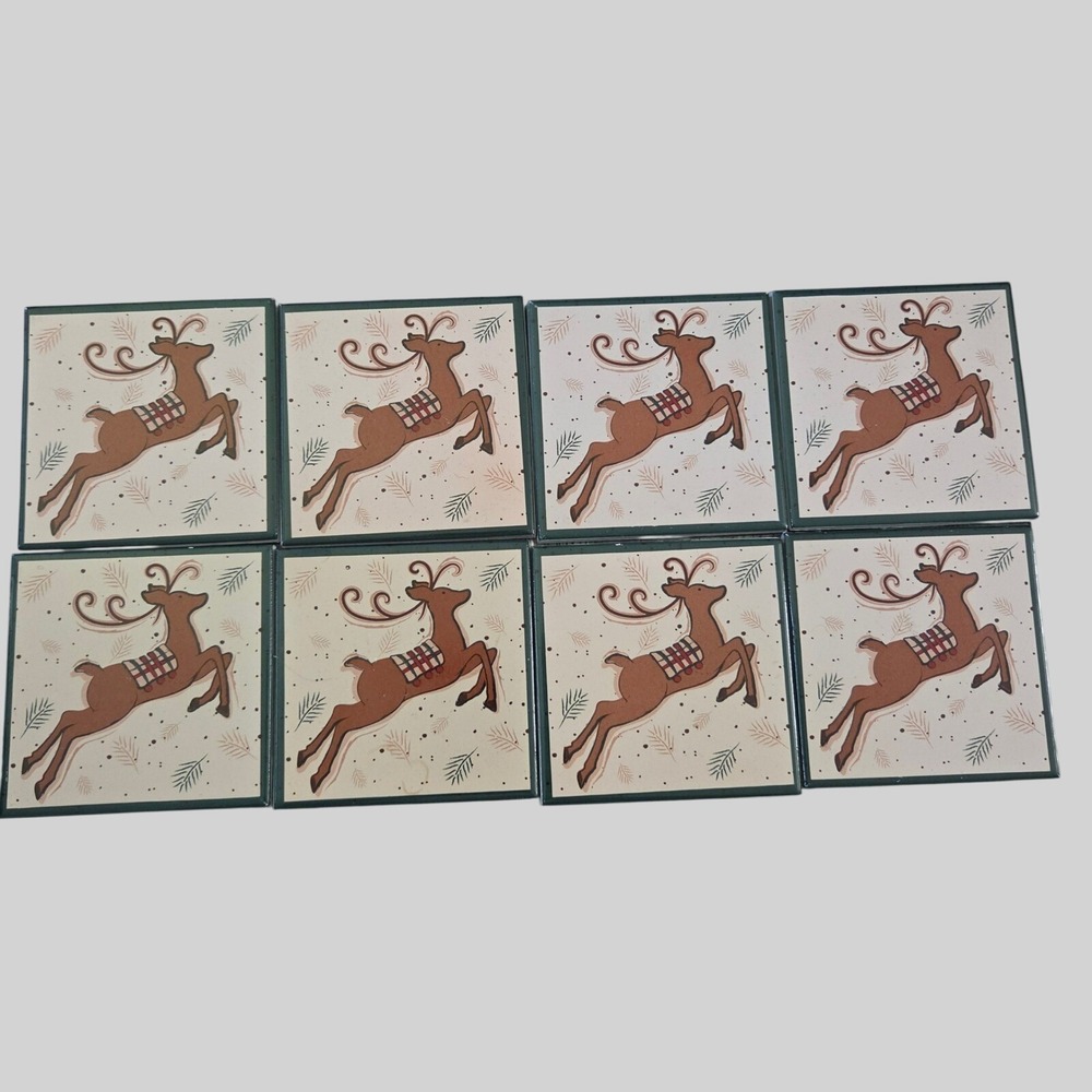 Christmas Reindeer Ceramic Coasters Folk Art Holiday Decor 4in Set of 8 Green